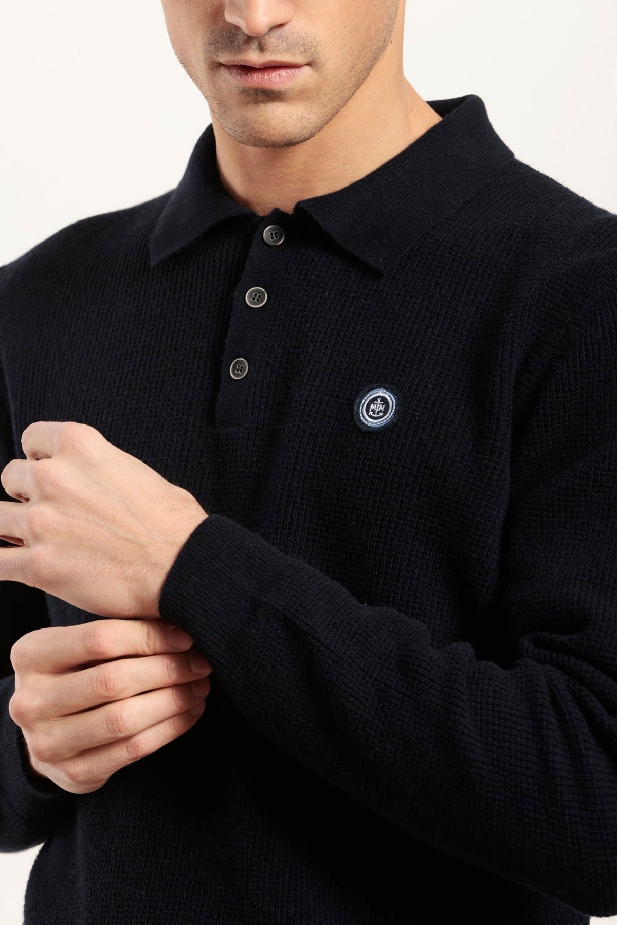 Pull col polo avec tricotage fantaisie en laine