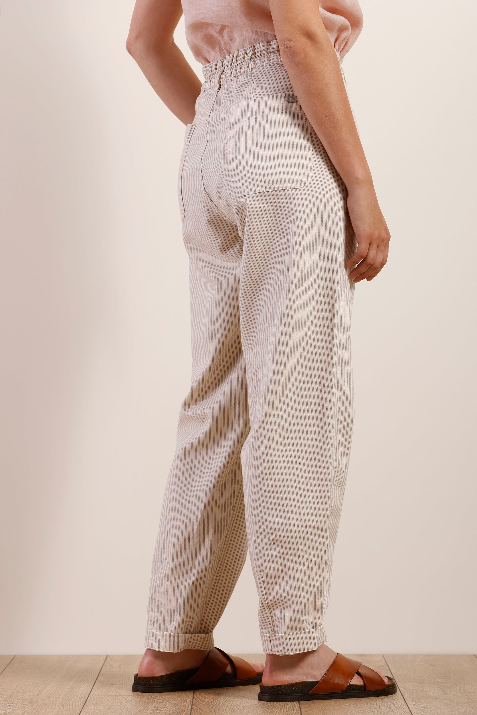 Pantalon taille élastiquée en coton lin rayé