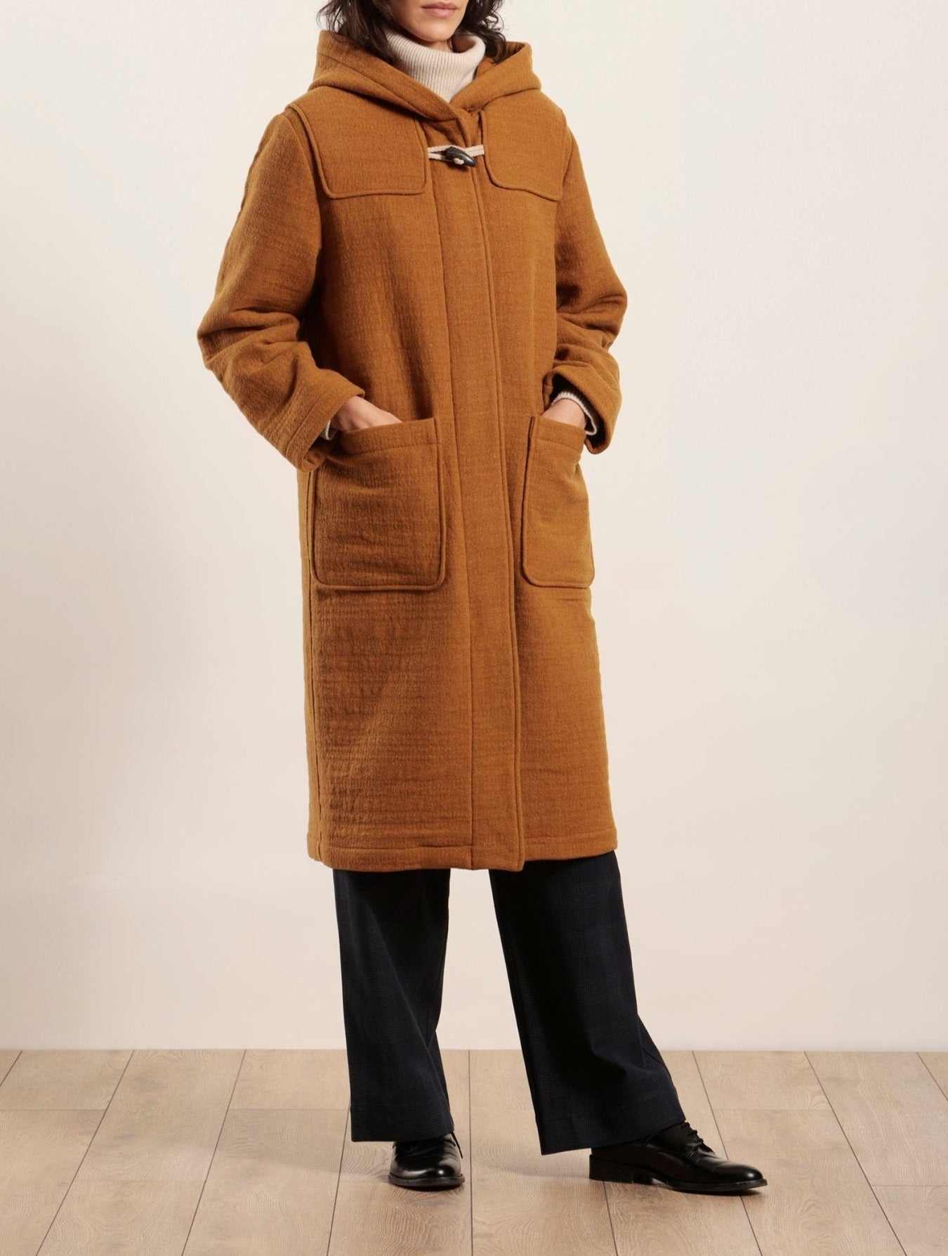 Duffle-coat long à capuche en drap de laine texturé